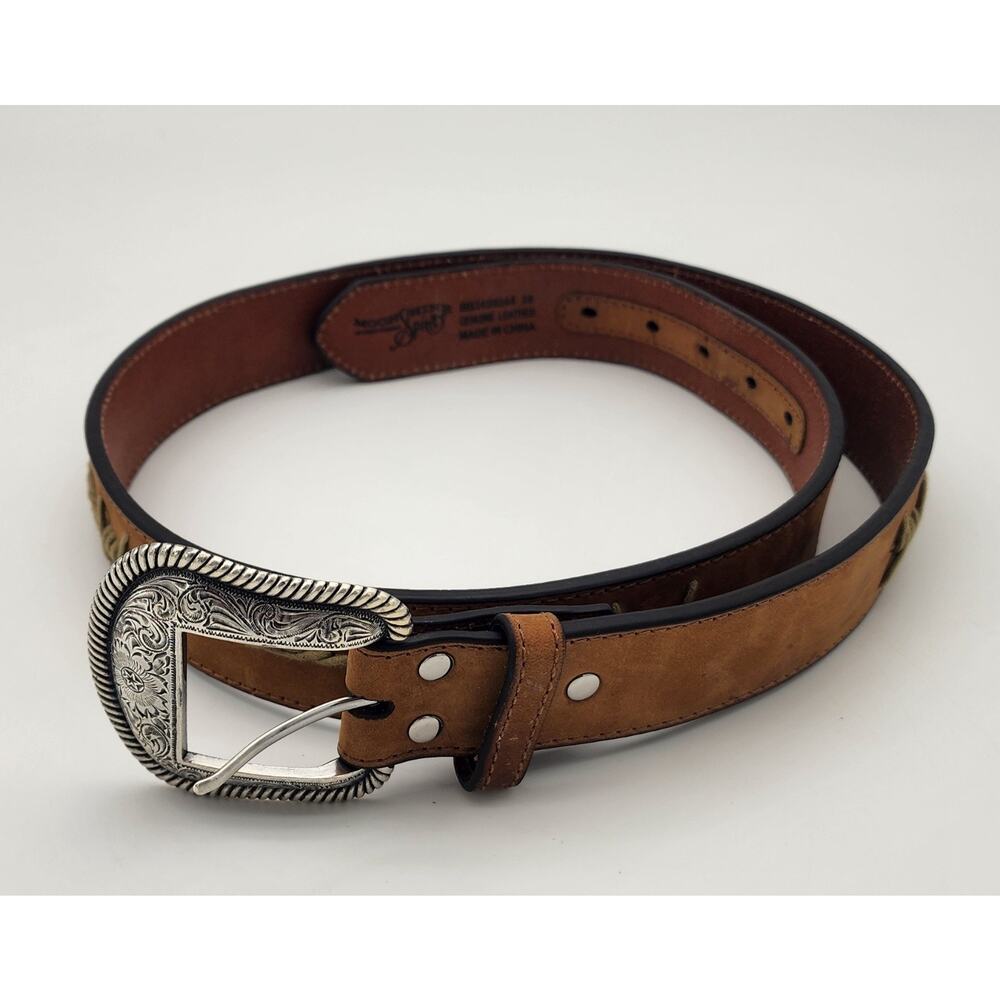MOONSHINE SPIRIT Belt Brown Leather Size 38 Barb Wire Pattern Silver Hardware